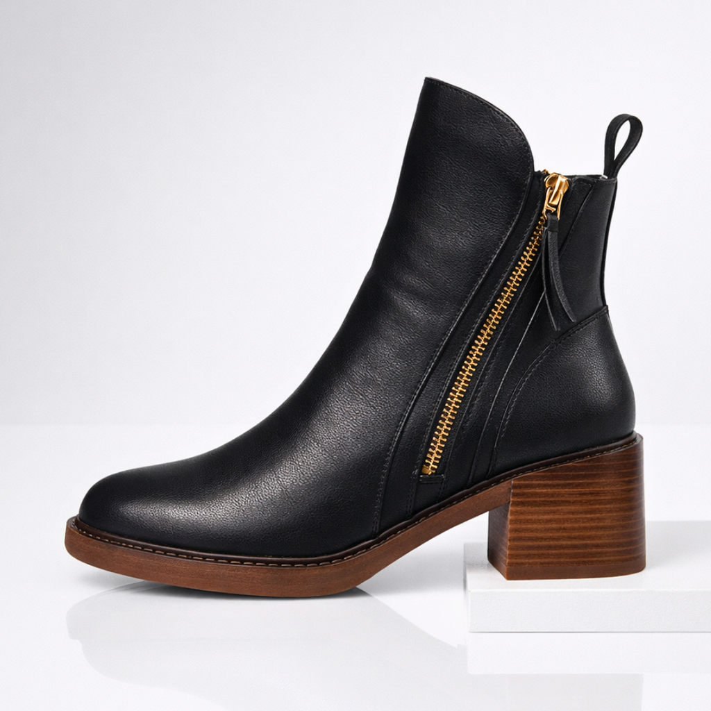 Stivaletti donna in pelle con tacco – Stivali alla caviglia eleganti con soletta imbottita e zip metallica