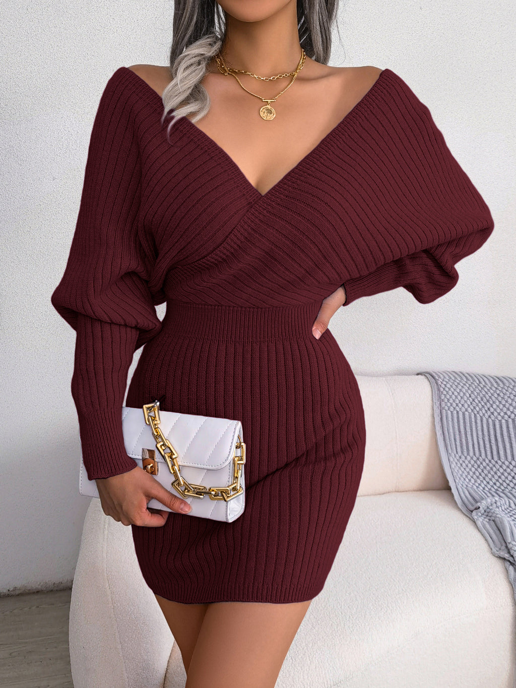 Abito maglione donna aderente con scollo a V incrociato