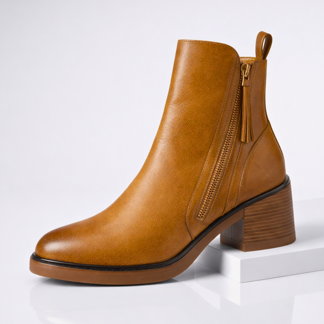 Stivaletti donna in pelle con tacco – Stivali alla caviglia eleganti con soletta imbottita e zip metallica