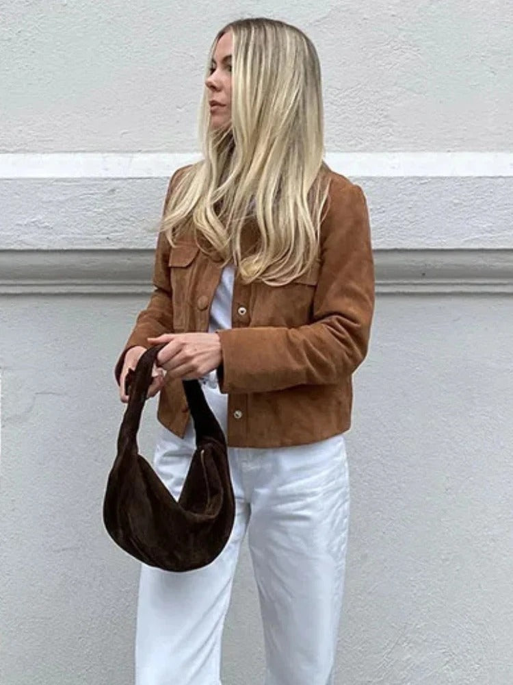 Elegante giacca in pelle scamosciata da donna - Capospalla alla moda