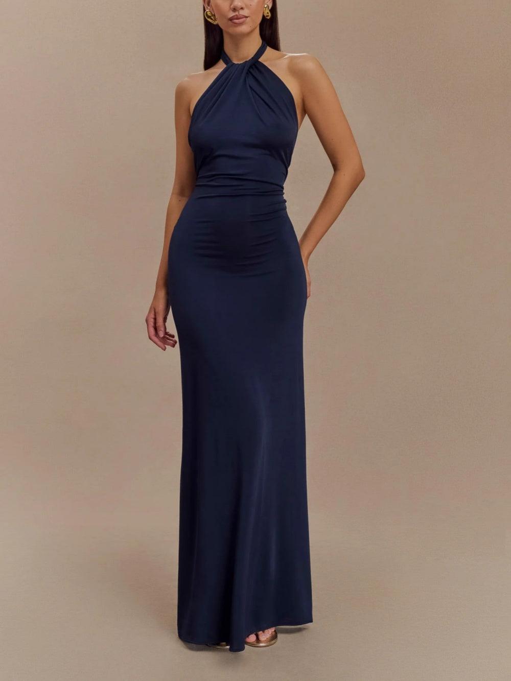 Abito Maxi Allacciato al Collo da Donna con Drappeggio – Elegante e Fluido