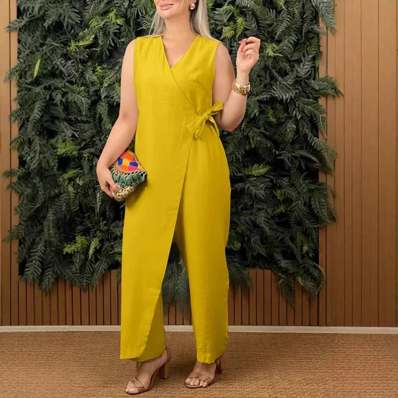 Tuta elegante senza maniche con scollo a V e cintura da donna - Elegante, elegante, da lavoro
