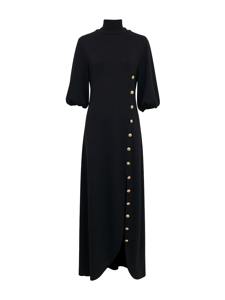 Vestito maxi da donna con maniche a sbuffo – elegante con collo alto e bottoni