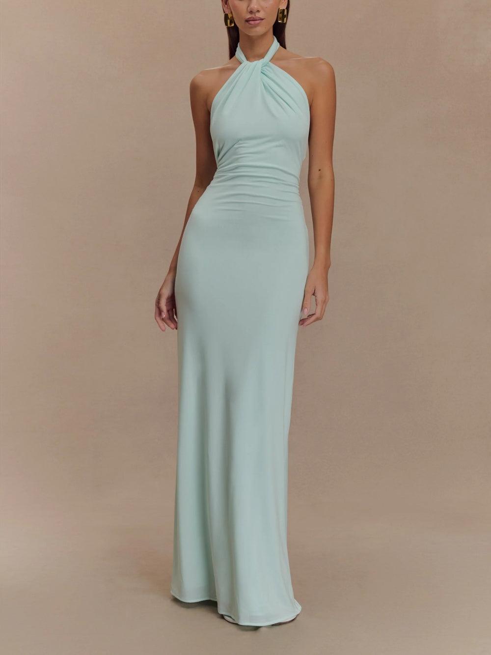 Abito Maxi Allacciato al Collo da Donna con Drappeggio – Elegante e Fluido