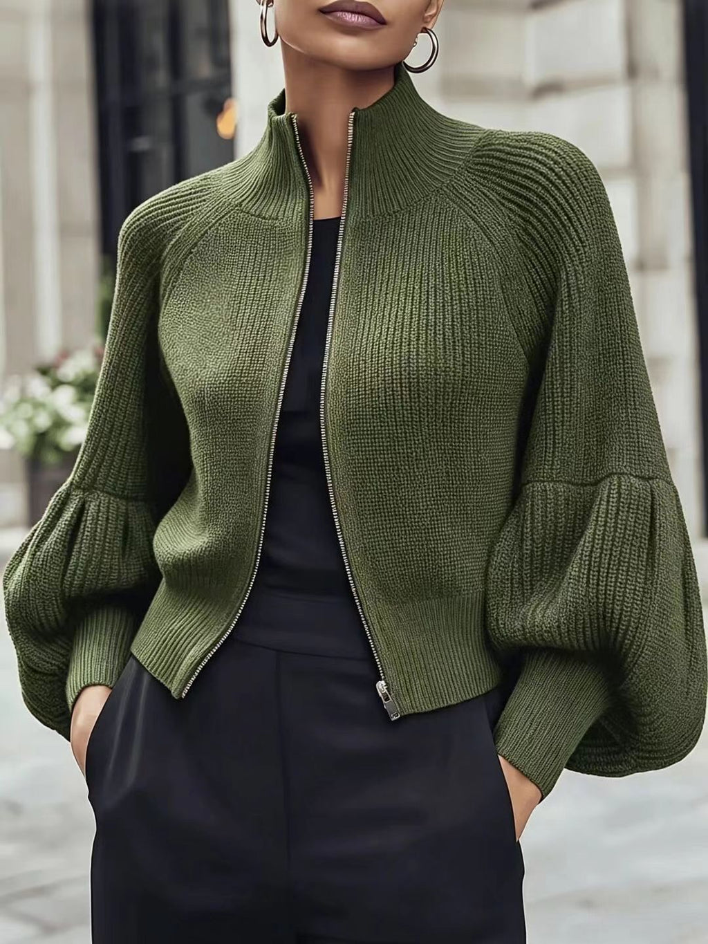 Women's soft lantern-sleeve sweater - Soft and textured