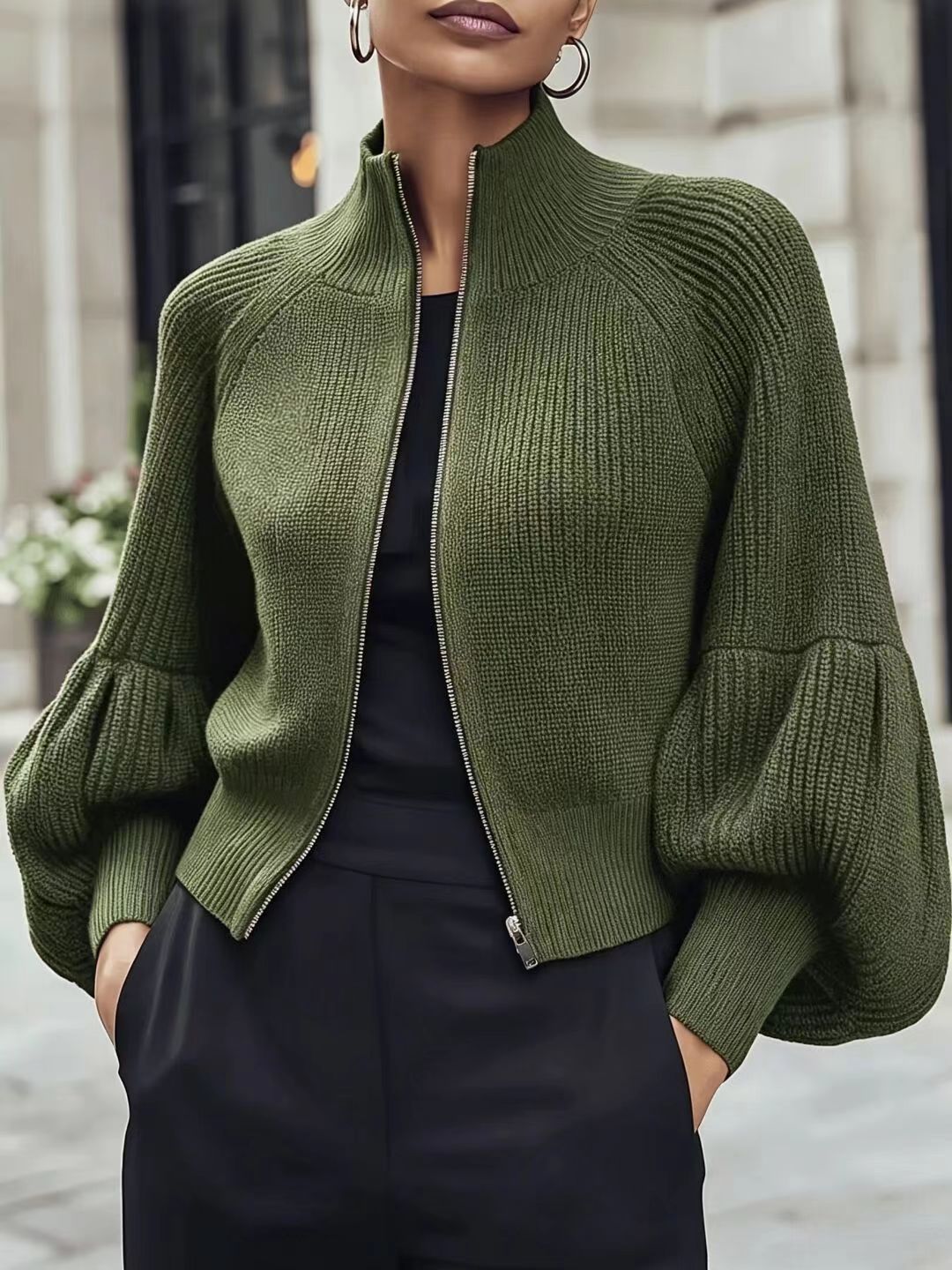 Women's soft lantern-sleeve sweater - Soft and textured