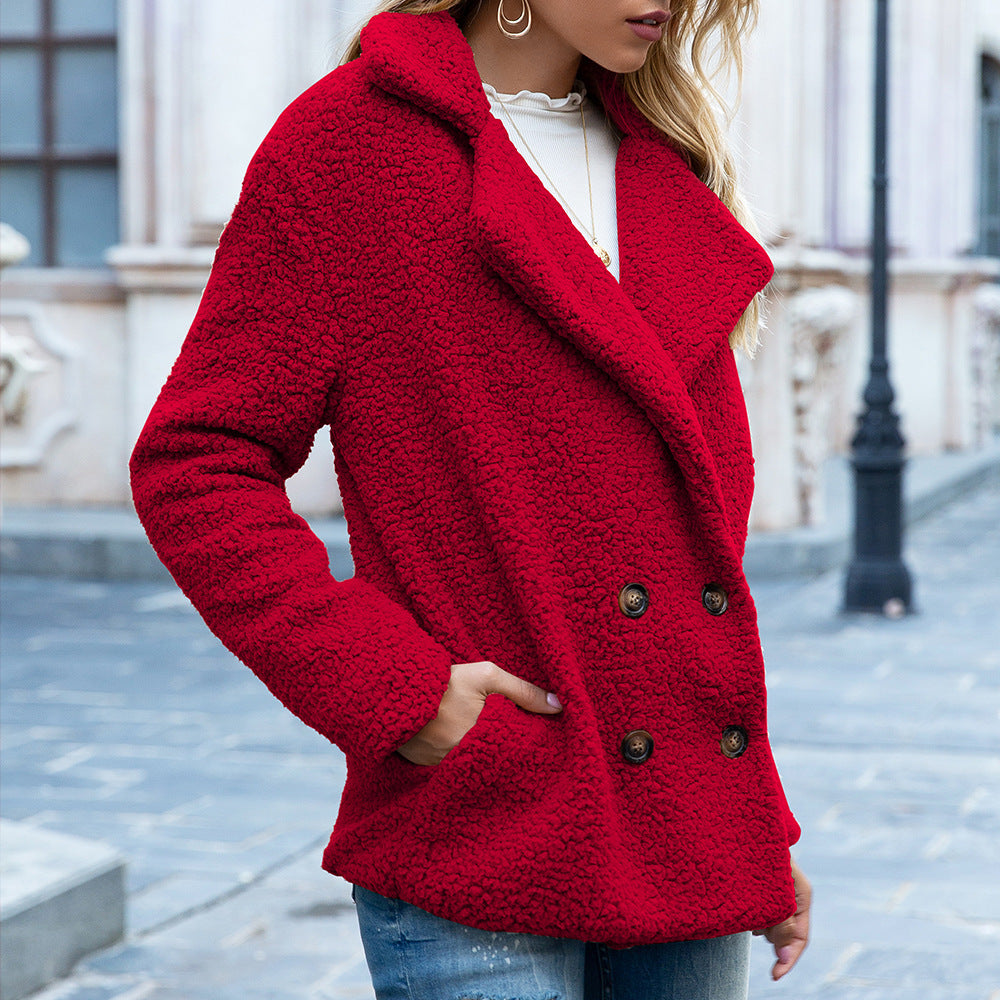 Women's soft faux fur teddy jacket, short cut, buttons, versatile