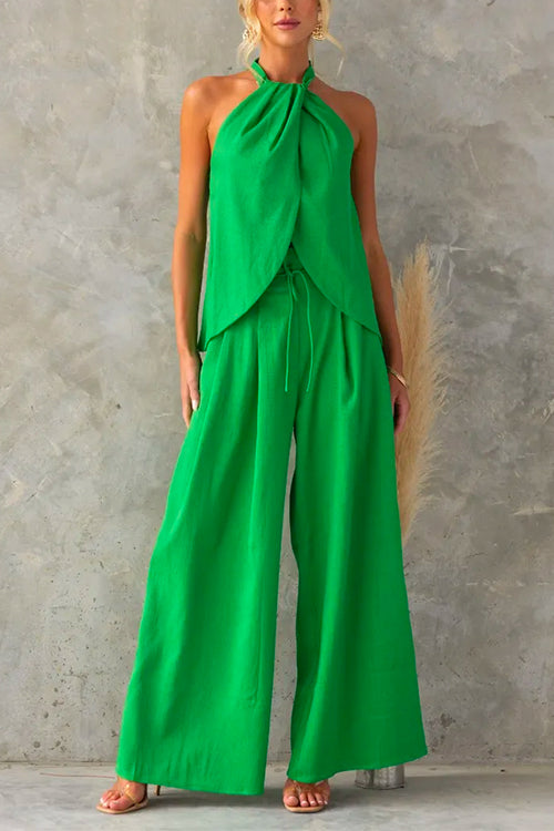 Set da donna con top senza maniche con scollo all'americana e pantaloni a gamba larga – Elegante completo a due pezzi