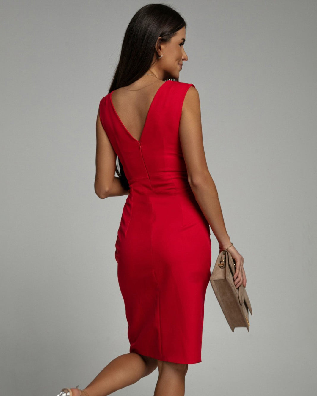 Abito da cocktail midi con scollo a V per invitati a matrimoni - Elegante, lusinghiero