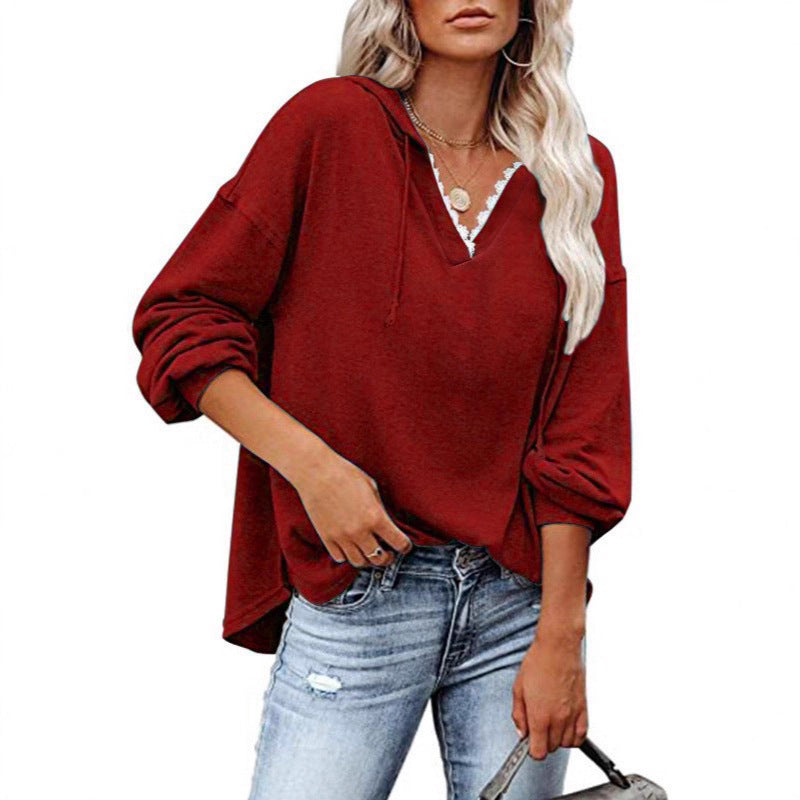 Felpa donna con cappuccio, pizzo e scollo a V a maniche lunghe