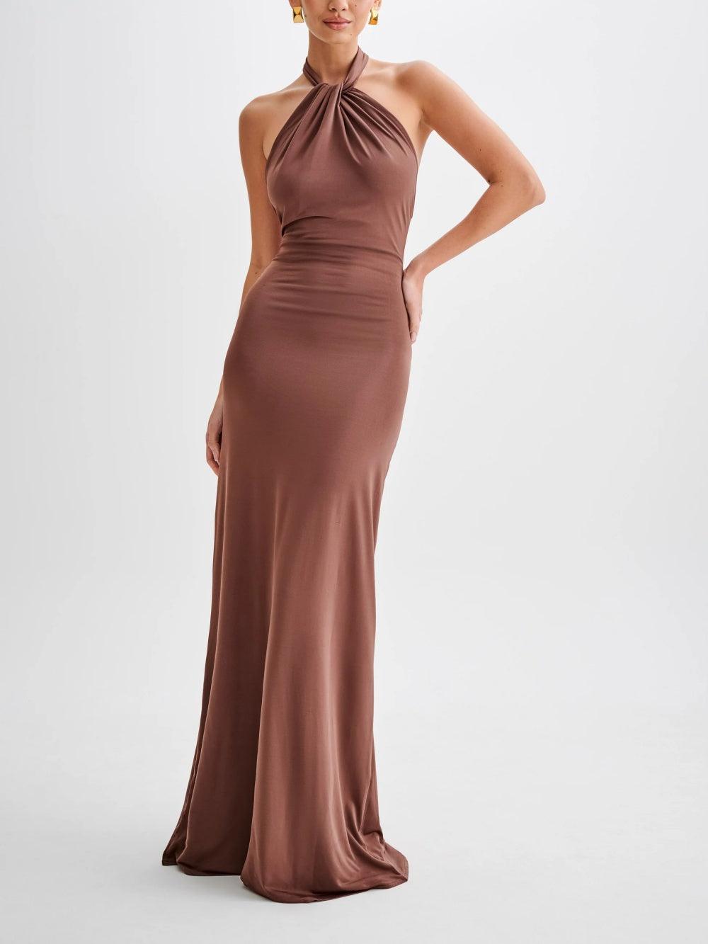 Abito Maxi Allacciato al Collo da Donna con Drappeggio – Elegante e Fluido