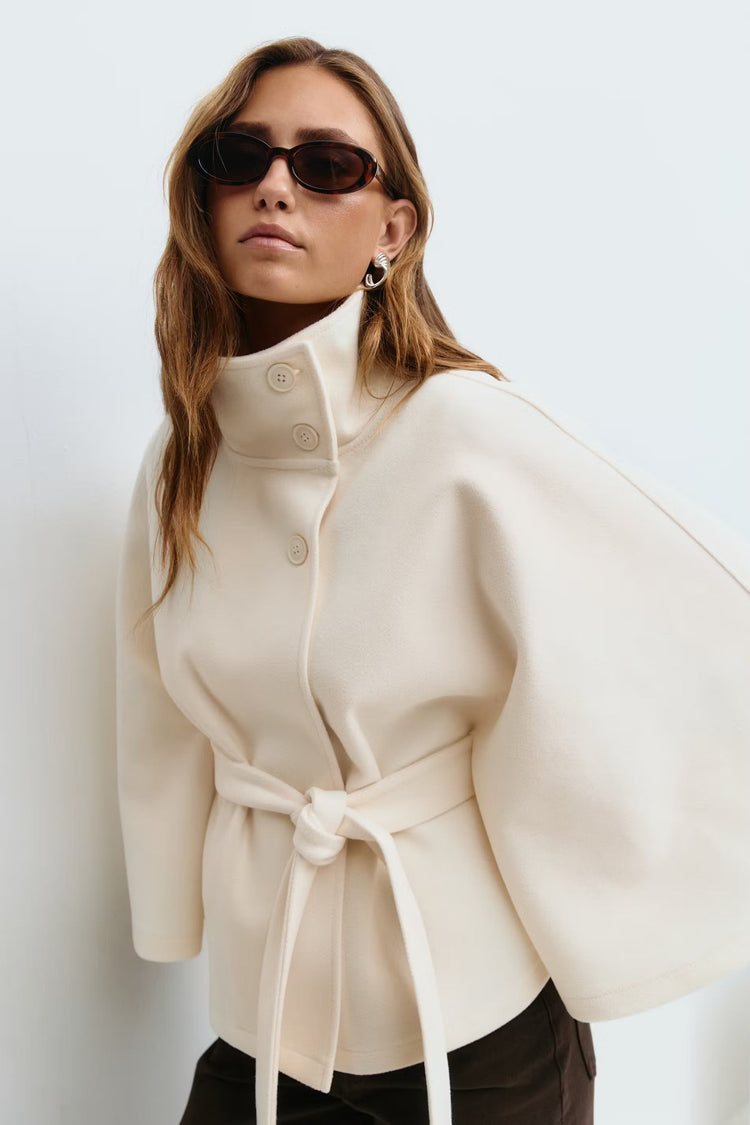 Elegante cappotto a mantella con collo alto per donna – Elegante cappotto con cintura