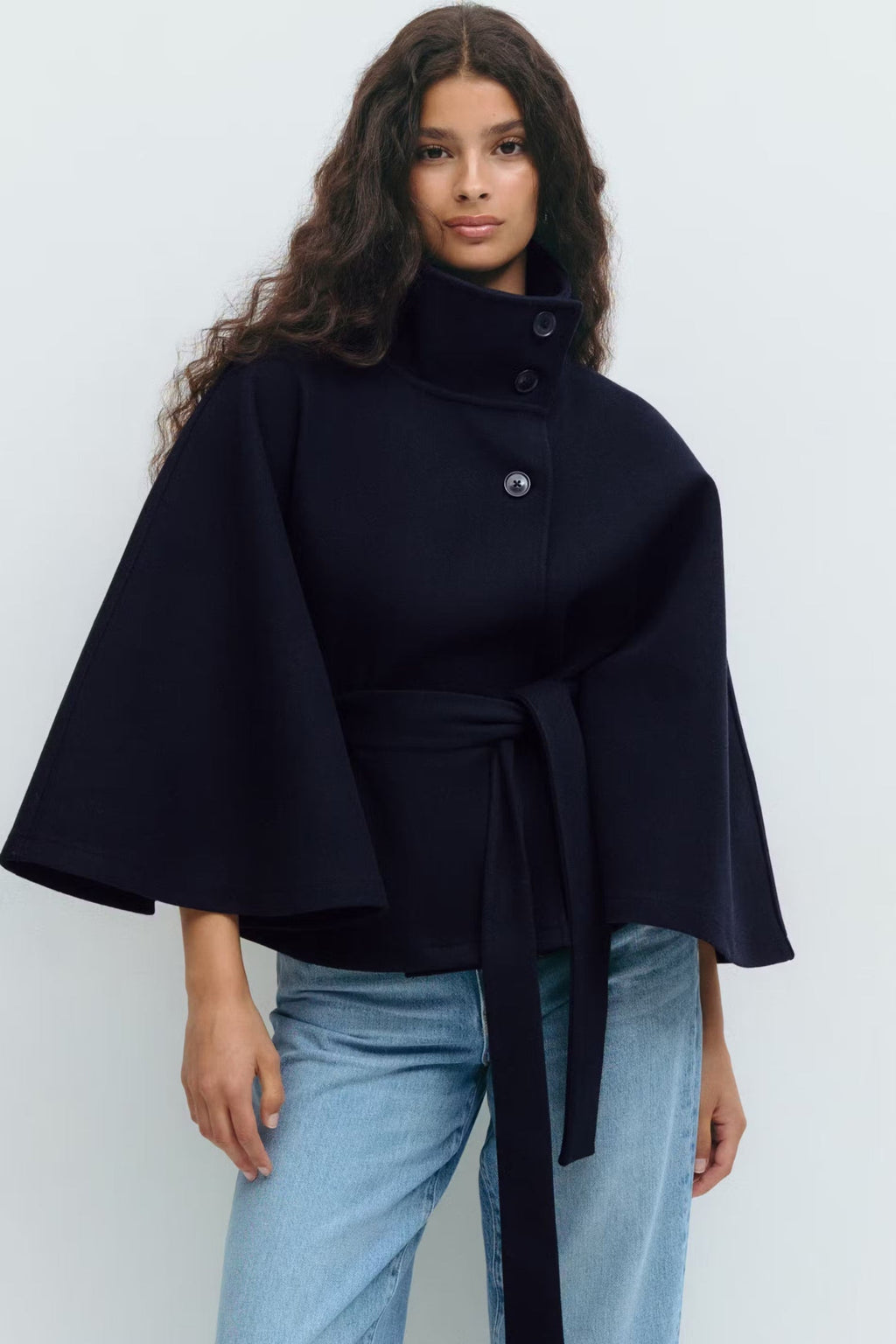 Elegante cappotto a mantella con collo alto per donna – Elegante cappotto con cintura