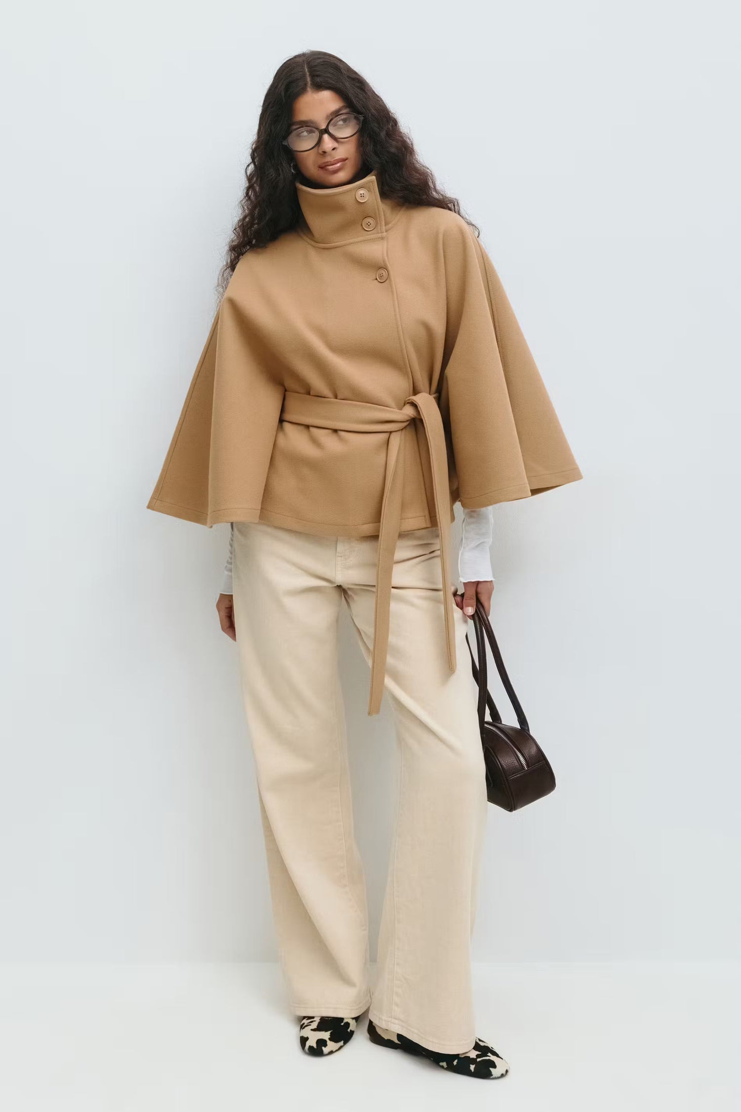 Elegante cappotto a mantella con collo alto per donna – Elegante cappotto con cintura