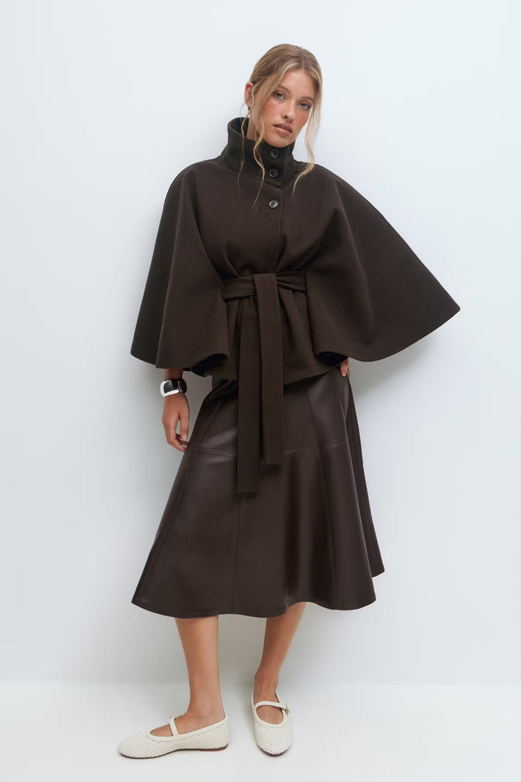 Elegante cappotto a mantella con collo alto per donna – Elegante cappotto con cintura