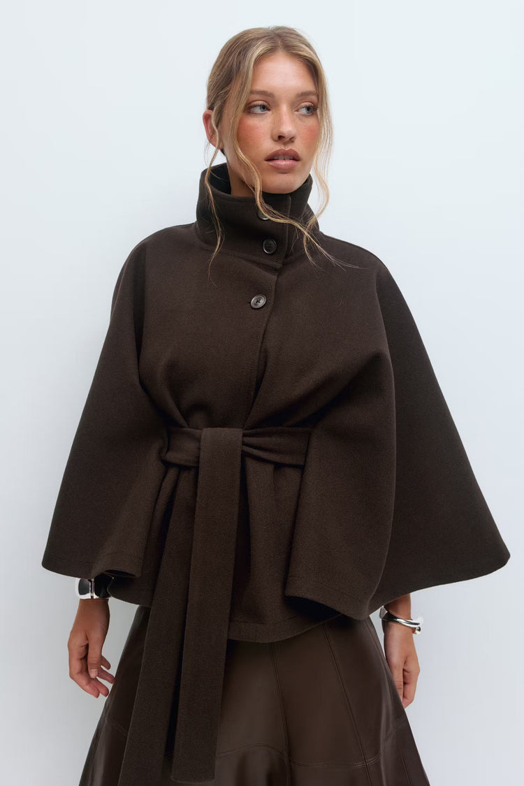 Elegante cappotto a mantella con collo alto per donna – Elegante cappotto con cintura