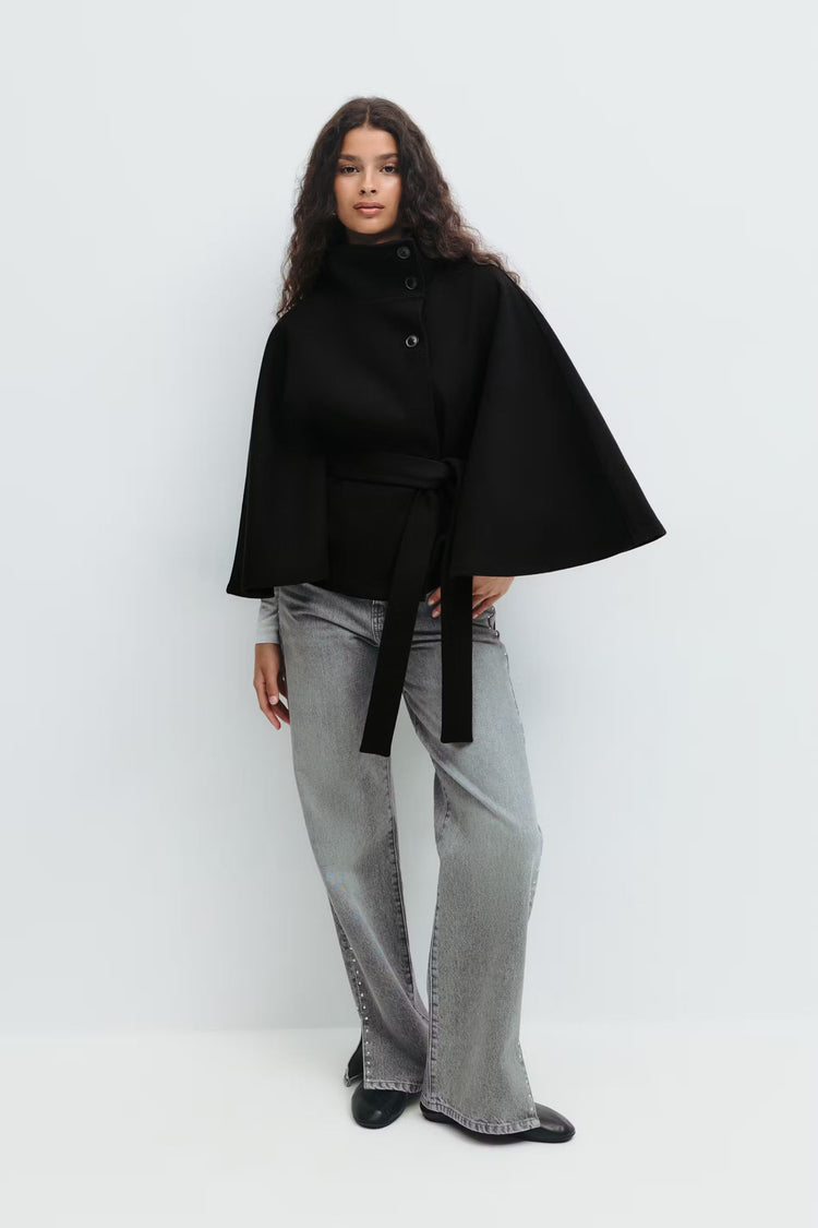 Elegante cappotto a mantella con collo alto per donna – Elegante cappotto con cintura