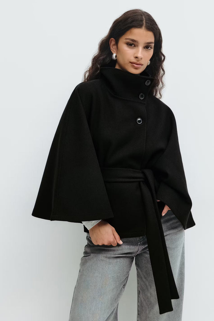 Elegante cappotto a mantella con collo alto per donna – Elegante cappotto con cintura