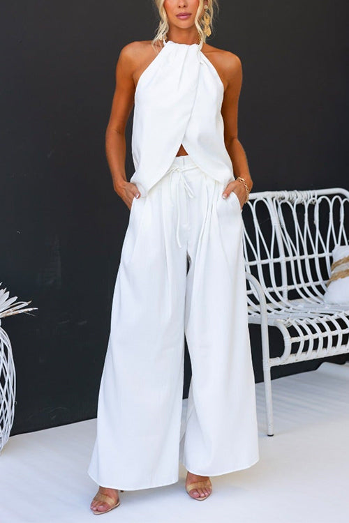Set da donna con top senza maniche con scollo all'americana e pantaloni a gamba larga – Elegante completo a due pezzi