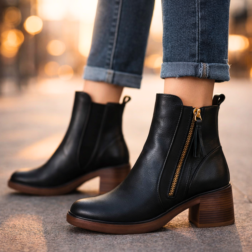 Stivaletti donna in pelle con tacco – Stivali alla caviglia eleganti con soletta imbottita e zip metallica