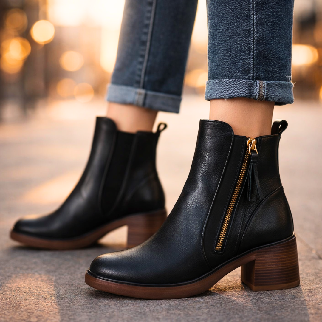 Stivaletti donna in pelle con tacco – Stivali alla caviglia eleganti con soletta imbottita e zip metallica