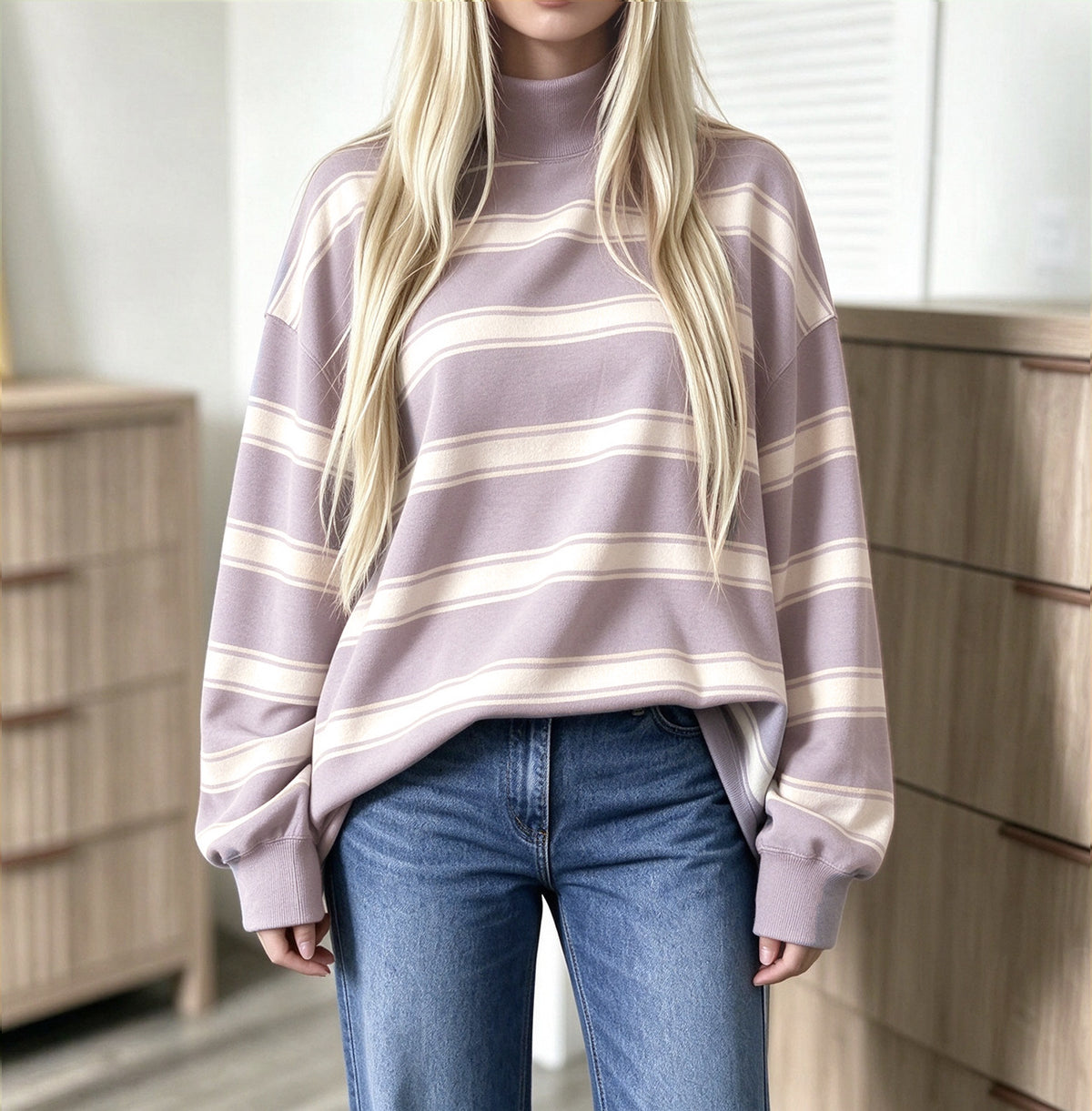 Sweat-shirt femme à rayures imprimées – Décontracté et tendance