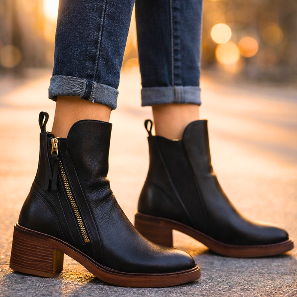Stivaletti donna in pelle con tacco – Stivali alla caviglia eleganti con soletta imbottita e zip metallica