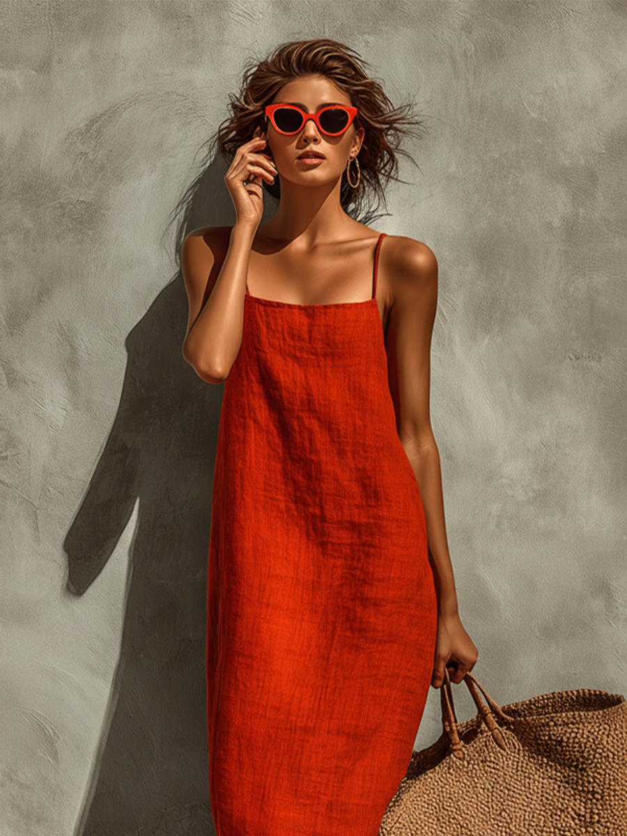 Abito maxi in lino rosso da donna con spalline sottili - Boho e senza tempo