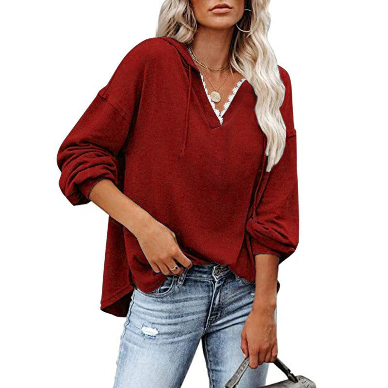 Felpa donna con cappuccio, pizzo e scollo a V a maniche lunghe