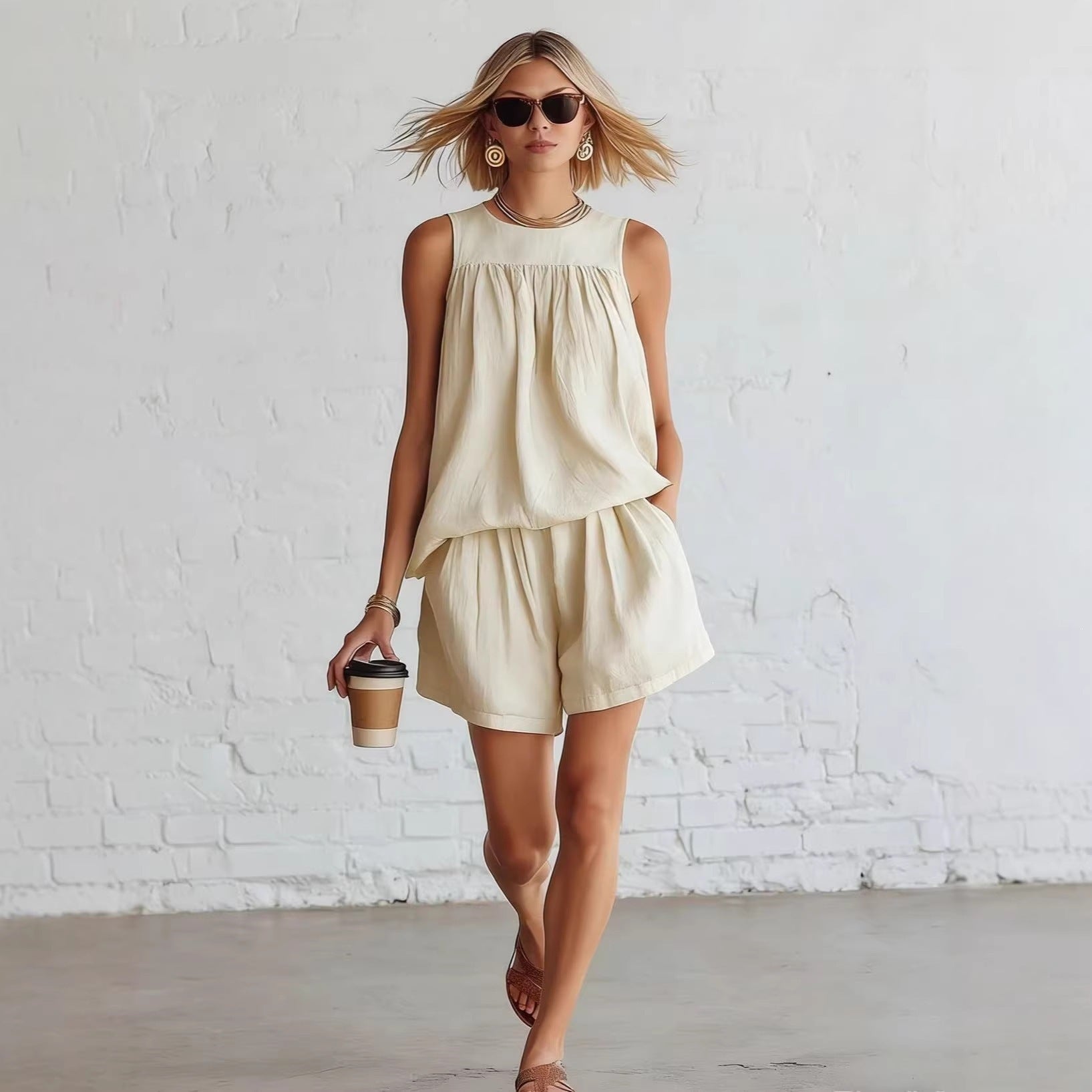 Set donna retro con top plissettato senza maniche e short ampi - Elegante ed estivo