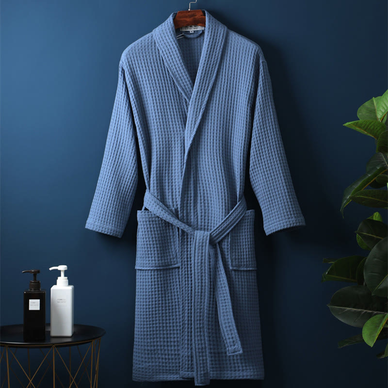 Accappatoio Unisex in Cotone a Coste con Scollo a V – Vestibilità Ampia, Tinta Unita, Assorbente, Traspirante, Confortevole con Cintura, Perfetto per Tutte le Stagioni