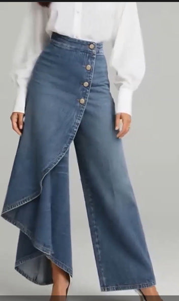 Pantaloni in finto denim a gamba dritta da donna – Pantaloni alla moda con bottoni arricciati