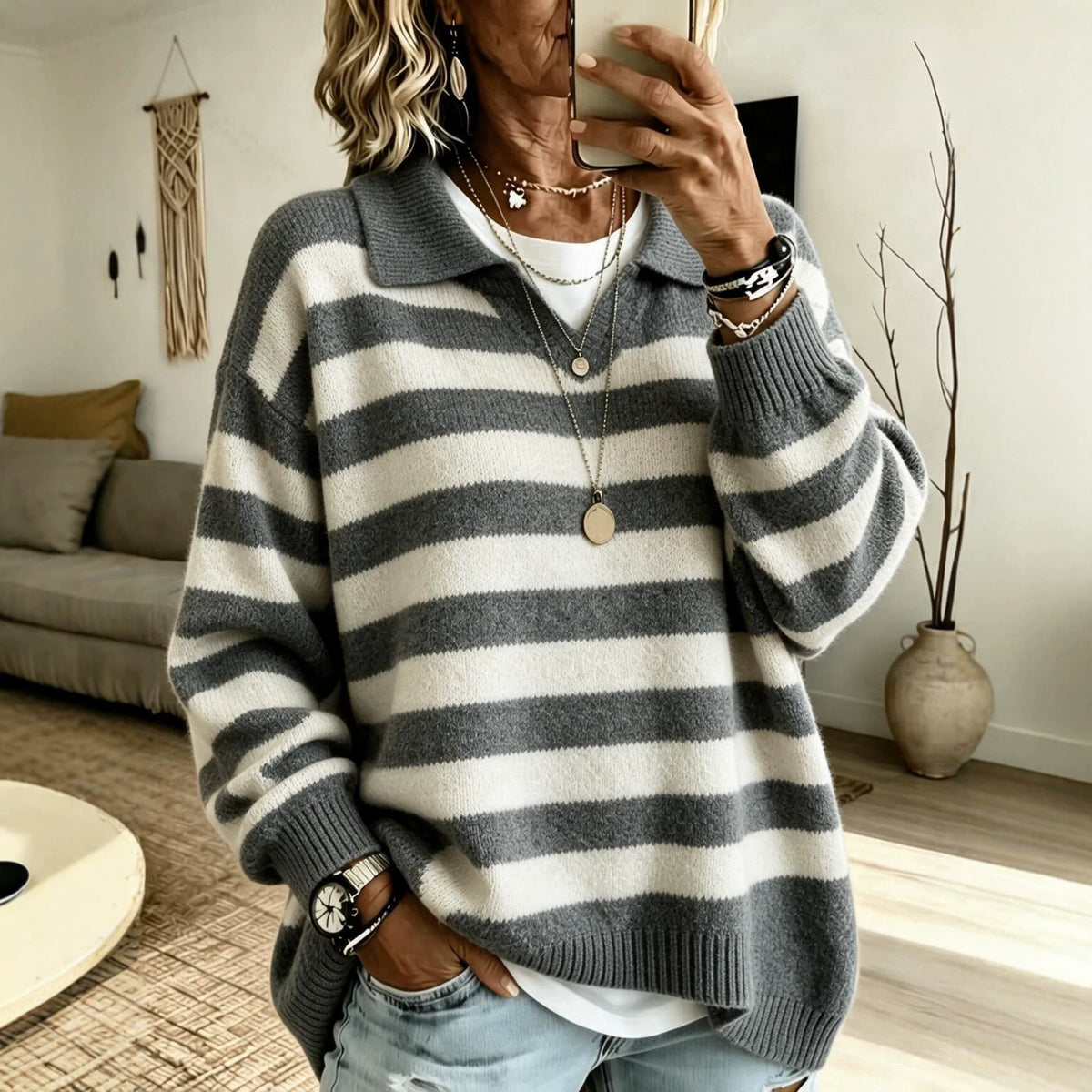 Suéter de mujer estilo marinero con bloques de color - Suave y estructurado
