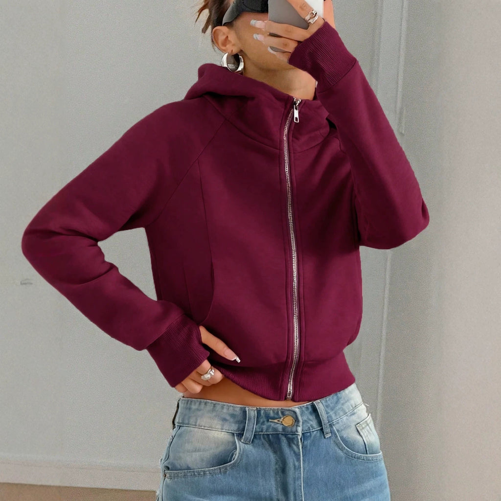 Sweat-shirt court à capuche pour femme, couleur unie – Décontracté et confortable