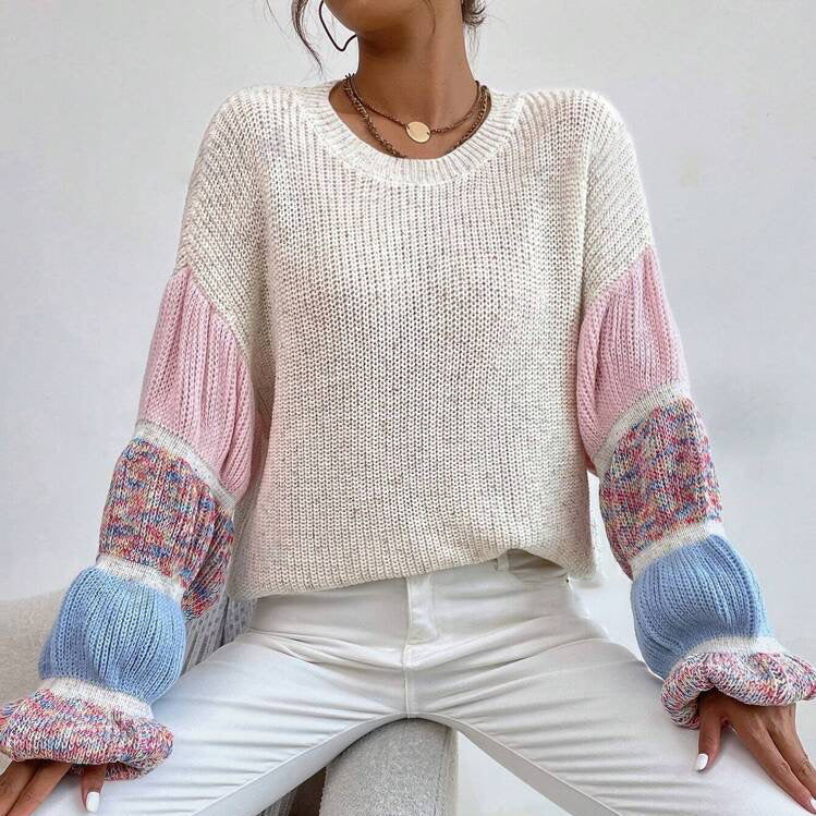 Multicolor women's sweater – Oversized fit with cream and pink puff sleeves