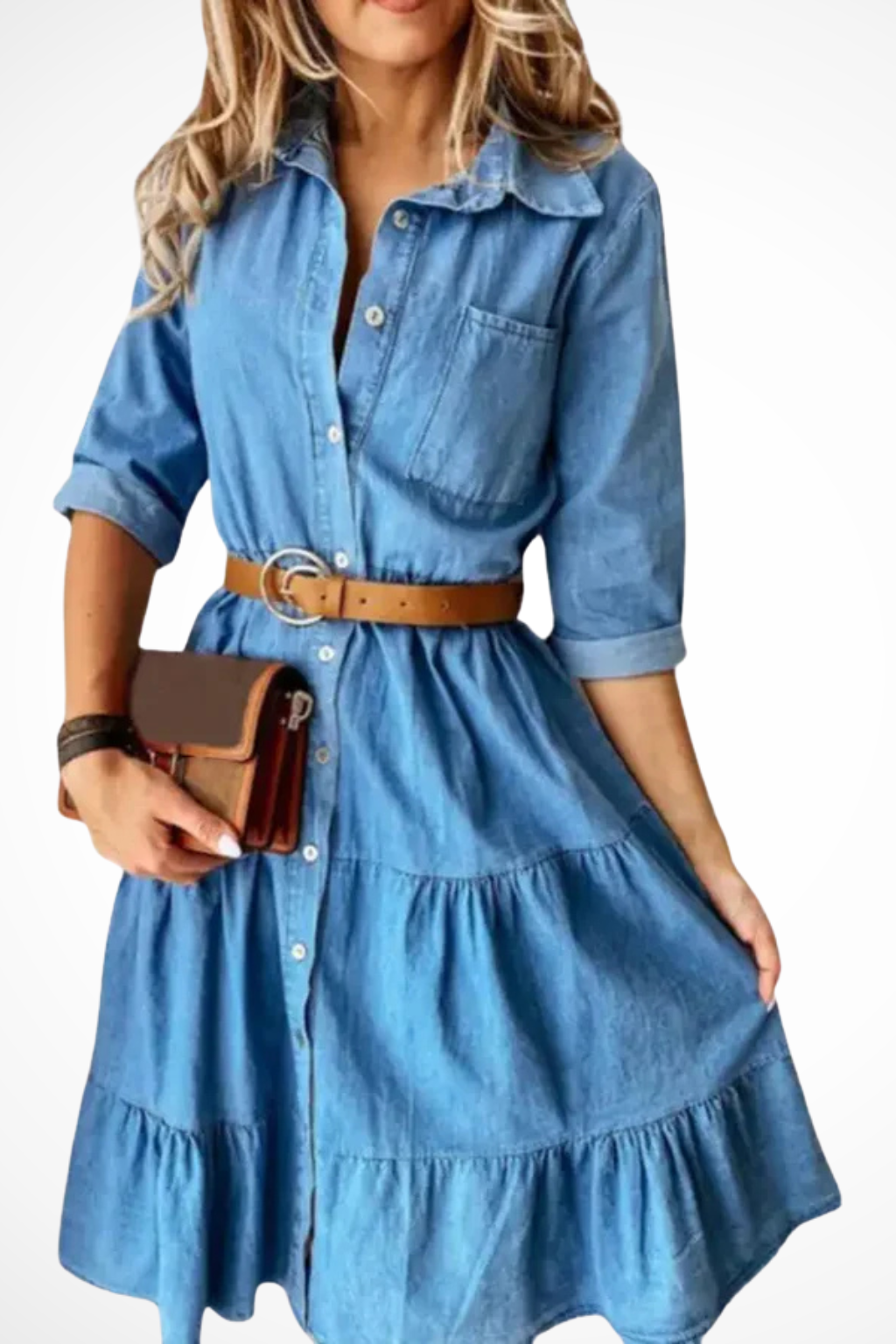 Abito chemisier midi da donna in denim a balze – con cintura, stile casual chic per tutti i giorni