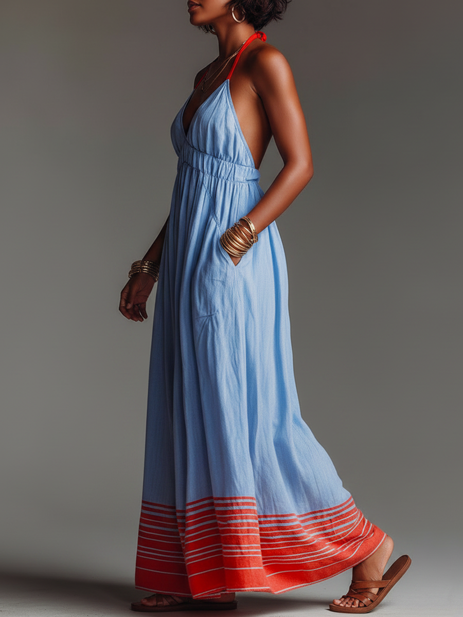 Abito maxi da donna halter a righe con tasche - Leggero ed elegante