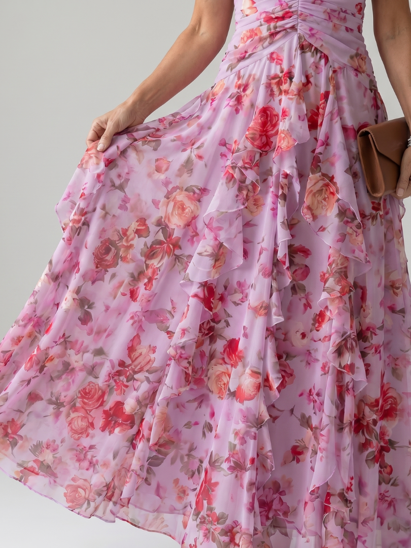 Abito maxi floreale da donna con collo halter e corpetto arricciato - Raffinato ed estivo