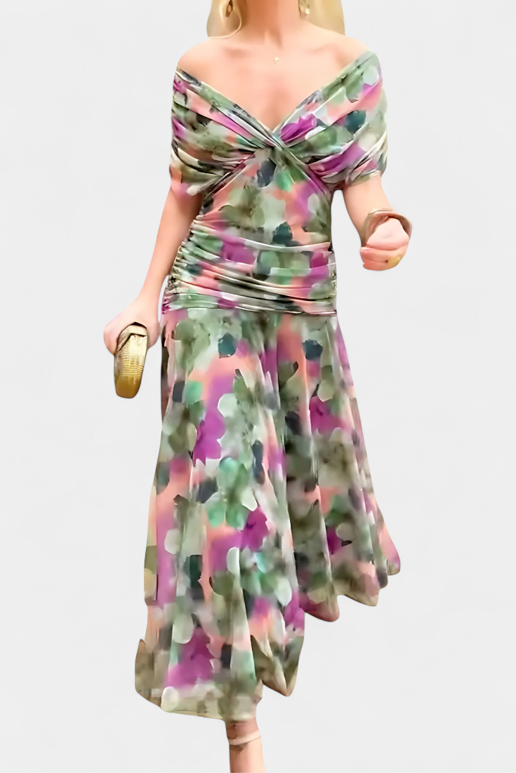 Elegante abito lungo da donna con scollo a V e stampa floreale – Abito estivo lungo e fluido