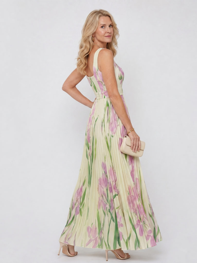 Abito midi plissettato da donna senza maniche con scollo quadrato - Elegante ed estivo