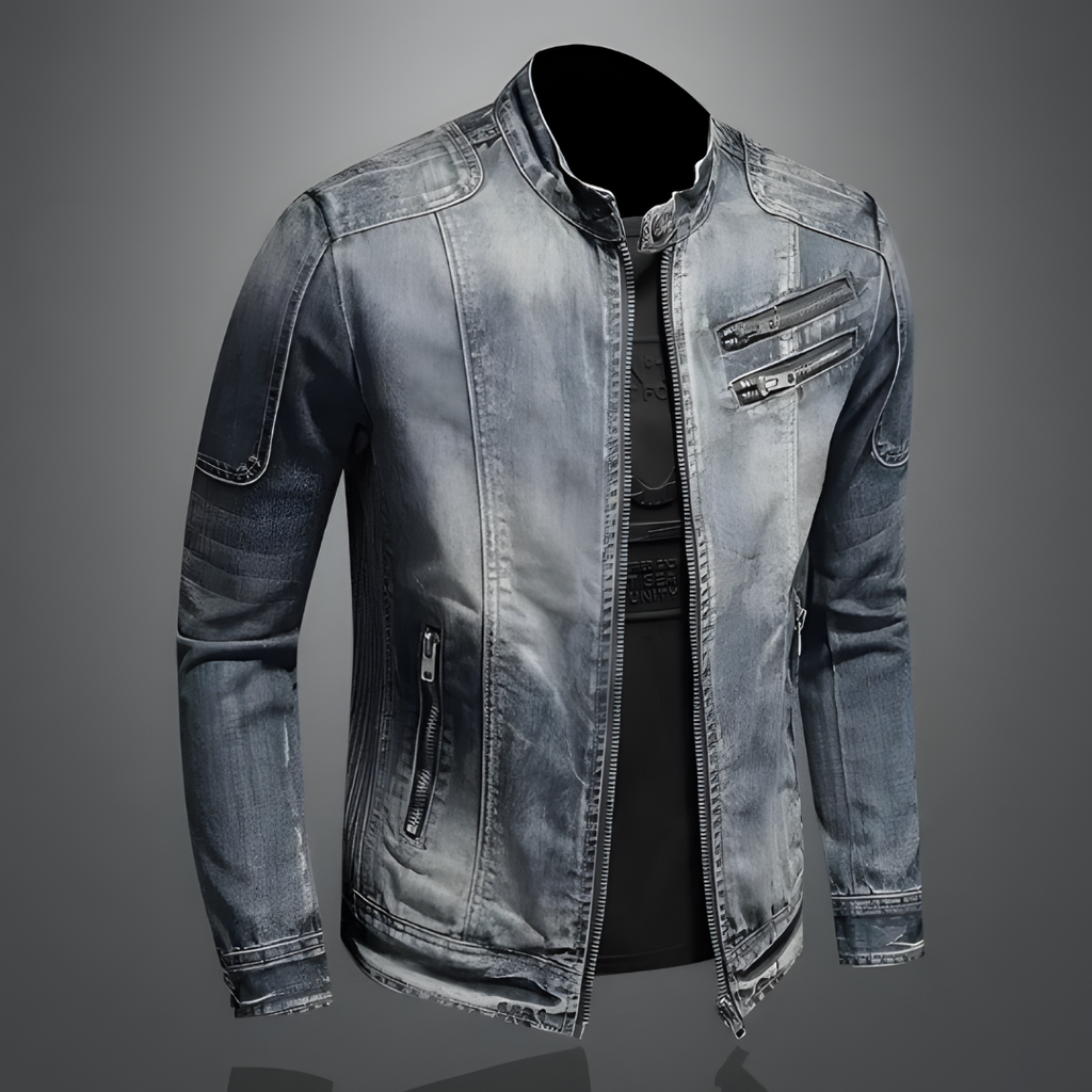 Giacca in denim slim da uomo – Elegante giacca con collo alto e cerniera