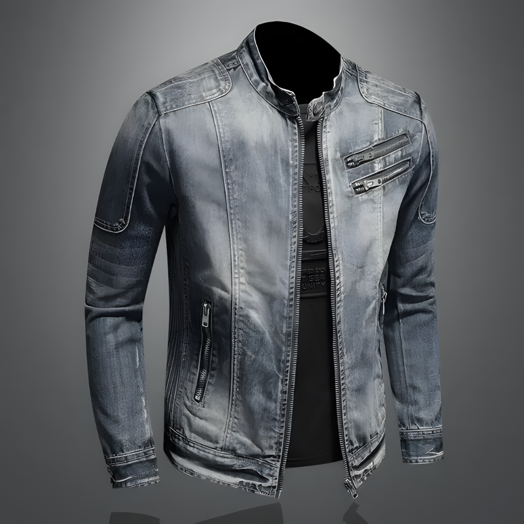 Giacca in denim slim da uomo – Elegante giacca con collo alto e cerniera