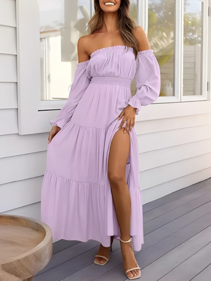 Abito lungo bohémien da donna con spalle scoperte – Abito estivo a trapezio con spacco e volant