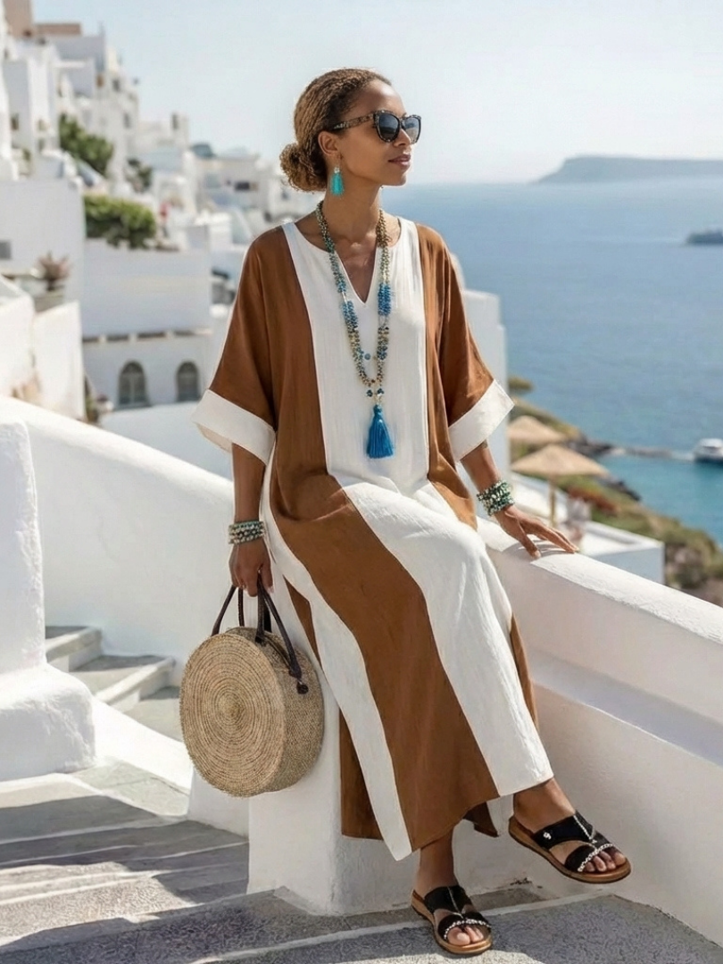 Abito maxi da donna color block a maniche corte – Linea fluida casual