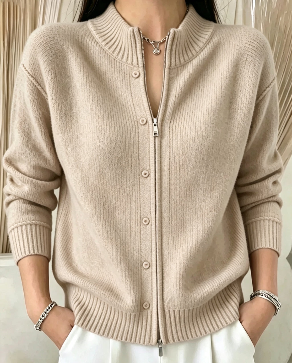 Suéter de mujer con cremallera y cuello redondo - Suave y práctico
