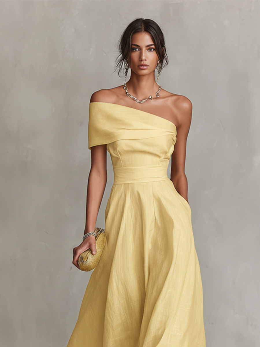 Abito maxi in lino giallo monospalla da donna - Elegante e luminoso