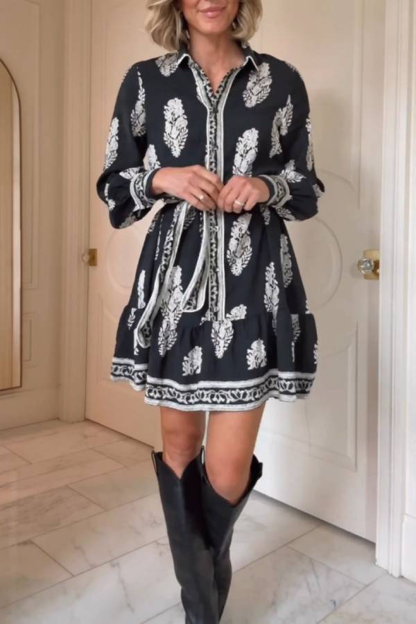 Abito chemisier da donna in bianco e nero con stampa e maniche a lanterna, stile casual estivo