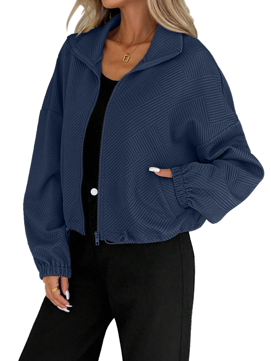 Giacca da donna con collo alto e cerniera – Modello casual autunno-inverno dalla vestibilità ampia con orlo regolabile tramite coulisse