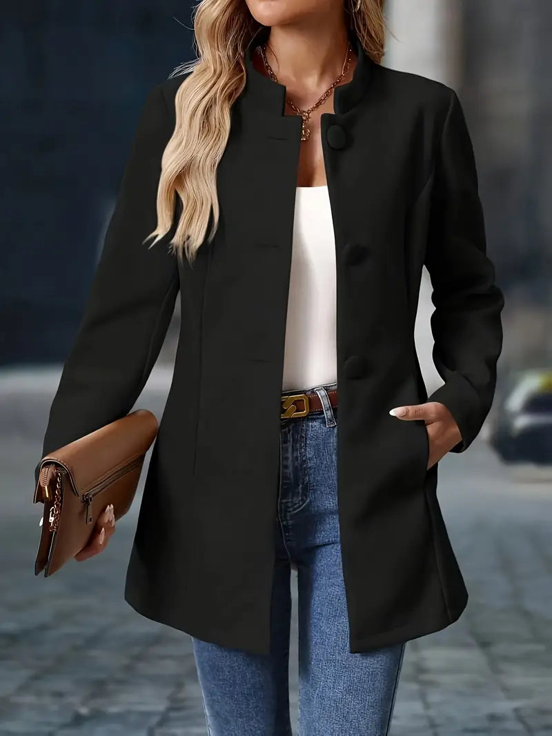 Elegante cappotto invernale di media lunghezza per donna – Cappotto con collo alto e bottoni