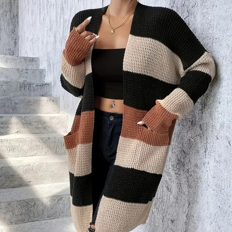 Cardigan femme à manches longues rayé et coupe ample – Style décontracté et confortable, disponible en trois couleurs